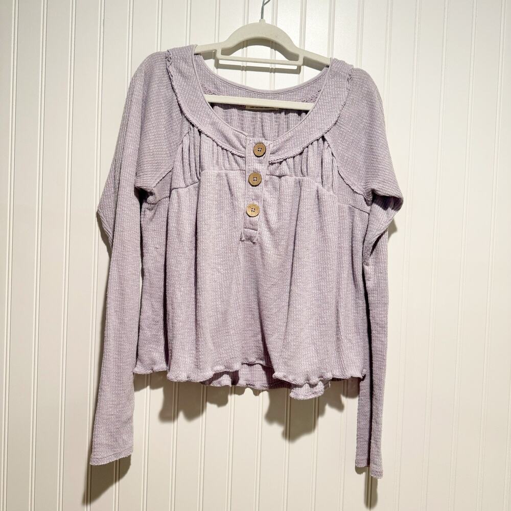 Free People Lavender Must Have Henley Thermal Top Cropped Size Large - Picture 2 of 6
